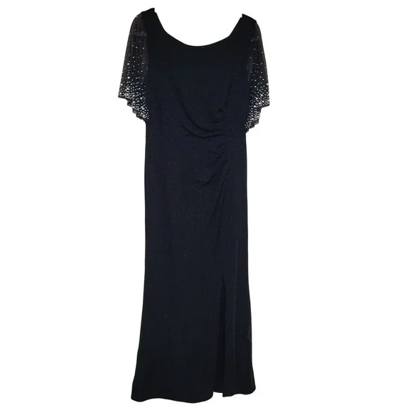 Alex Evenings Black Metallic Ruched Gown Dress with Embellished Sleeves Size 12